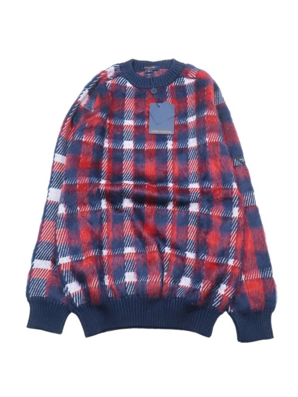 Louis Vuitton Plaid Pullover Shaggy Knit Sweater Long Sleeve Mohair Navy Red XS